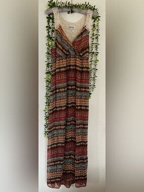 Boho Crochet-Trim Maxi Dress in Rust, Teal, Cream and Brown